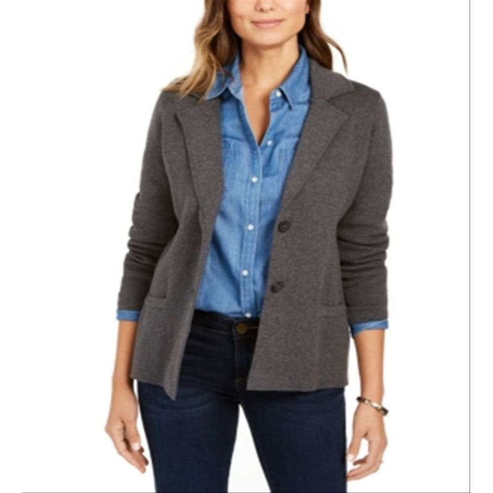 Charter Club Women's Cotton Sweater Blazer Charcoal Size Petite XL